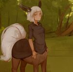  alia_(portals_of_phereon) bangs breasts centaur clothed clothing equid equid_taur female fluffy fluffy_tail forest green_eyes hair humanoid_taur looking_at_viewer mammal mammal_taur medium_breasts outside plant portals_of_phereon quadruped short_hair solo syvaron tan_body tan_skin taur tree white_hair 