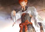  1boy covered_abs emiya_shirou fate/grand_order fate_(series) hand_on_own_neck highres japanese_clothes kalak_39 male_focus multiple_scars nagatekkou orange_hair rope scar senji_muramasa_(fate) senji_muramasa_(second_ascension)_(fate) shimenawa short_hair solo toned toned_male upper_body vambraces wide_sleeves yellow_eyes 