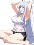  1girl absurdres adjusting_hair armpits barefoot black_shorts blue_archive blush breasts camisole cleavage collarbone dolphin_shorts dripping food food_in_mouth food_on_body food_on_breasts grey_hair halo highres large_breasts long_hair looking_at_viewer mechanical_halo mouth_hold noa_(blue_archive) popsicle purple_eyes reia_76 shorts simple_background solo sweat white_background white_camisole 