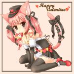  1girl animal_ears ankle_strap arm_tattoo arms_between_legs belt black_eyes blush box cat_ears cat_girl cat_tail dress elbow_gloves fur-trimmed_dress fur-trimmed_gloves fur_trim gloves hair_ribbon happy_valentine hat heart heart-shaped_box heart_necklace high_heels jewelry kazane_chinya long_hair looking_at_viewer mouth_hold necklace original pink_hair ribbon short_dress sitting solo strapless strapless_dress tail tail_ornament tail_ribbon tattoo thighhighs twintails valentine wariza 