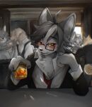 absurd_res alcohol anthro bar_counter beverage canid canine canis counter countershade_fur countershading drinking_alcohol fur grey_body grey_fur hi_res looking_at_viewer male mammal sitting solo white_body white_countershading wolf yamakikei 