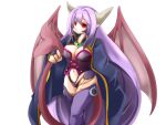  1girl alma_elma black_panties blue_cloak bmp-to-png_conversion breast_tattoo breasts bridal_gauntlets cleavage cloak closed_mouth demon_girl demon_horns demon_wings facial_tattoo feet_out_of_frame frfr game_cg grey_horns hair_between_eyes hand_on_own_hip highleg highleg_panties holding_own_tail horns large_breasts leg_tattoo long_hair looking_at_viewer mon-musu_quest! monster_girl navel non-web_source panties pointy_ears prehensile_tail purple_bridal_gauntlets purple_hair purple_thighhighs red_eyes simple_background smile solo standing tail tattoo thighhighs transparent_background underwear very_long_hair wings 