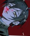  1boy ahoge bags_under_eyes bishounen black_hair black_jacket blood blood_drip blood_on_face blood_stain close-up danganronpa_(series) danganronpa_v3:_killing_harmony hair_between_eyes highres jacket long_eyelashes looking_at_viewer male_focus morning_(d0nteat) musical_note nosebleed open_mouth pale_skin parted_lips pink_blood red_background saihara_shuichi short_hair sketch solo thick_eyelashes yellow_eyes 