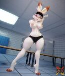  absurd_res anthro areola bra breasts clothed clothing female generation_8_pokemon hi_res lagomorph locker_room looking_at_viewer mammal nintendo nipple_piercing nipples piercing pokemon pokemon_(species) scorbunny scorbunny_(valorlynz) shachath3d shirt solo stretching topless topwear underwear 