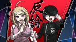  1boy 1girl ahoge akamatsu_kaede backpack bag baseball_cap black_hat black_jacket blonde_hair blue_hair breasts buttons clenched_hand collared_jacket collared_shirt commentary_request crest danganronpa_(series) danganronpa_v3:_killing_harmony double-breasted eyelashes hair_between_eyes hair_ornament hand_on_headwear hat high_collar jacket large_breasts layered_sleeves long_hair long_sleeves musical_note musical_note_hair_ornament necktie official_style one_eye_closed open_mouth orange_necktie parody pink_vest pinstripe_jacket pinstripe_pattern pinstripe_sleeves pocket purple_eyes saihara_shuichi shirt short_hair style_parody teeth upper_body v-shaped_eyebrows vest white_bag white_shirt white_sleeves yellow_eyes yumaru_(marumarumaru) 