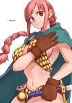  1girl aosora2823 armor artist_name bikini_armor braid braided_ponytail breasts brown_gloves cape closed_mouth commentary gloves green_cape hand_on_own_chest highres large_breasts long_hair looking_at_viewer navel one_piece pink_hair rebecca_(one_piece) red_eyes sidelocks simple_background smile solo white_background yellow_armor 