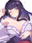  1girl arm_up bare_shoulders blunt_bangs breasts cleavage closed_mouth enipa_28 genshin_impact hand_on_own_stomach highres japanese_clothes large_breasts light_blush long_hair lying mole mole_under_eye off_shoulder on_back one_eye_closed purple_eyes purple_hair purple_nails raiden_shogun simple_background solo white_background 