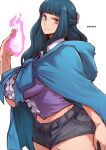  1girl aosora2823 artist_name black_shorts blue_hair blue_jacket blush breasts closed_mouth commentary ein_(one_piece) frilled_shirt frills hand_up highres hood hooded_jacket jacket large_breasts long_hair looking_at_viewer midriff navel one_piece pink_eyes purple_shirt shirt short_shorts shorts simple_background solo thighs white_background 