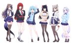  6+girls :d a20_(atsumaru) absurdres airi_kanna akane_lize animal_ears arahashi_tabi arm_under_breasts asymmetrical_bangs ayatsuno_yuni bag black_choker black_footwear black_hair black_jacket black_necktie black_pantyhose black_thighhighs blazer blonde_hair blue_bow blue_bowtie blue_cardigan blue_eyes blue_hair blue_jacket blue_necktie blue_skirt blue_socks blue_sweater blunt_bangs blush bow bowtie breast_pocket breasts brown_eyes brown_footwear brown_hair candy cardigan cat_ears cat_girl cat_tail choker collared_shirt colored_inner_hair covering_own_mouth crossed_ankles dragon_tail flat_chest flower food full_body grey_hair hair_between_eyes hand_in_pocket hand_up high-waist_skirt highres holding holding_bag holding_candy holding_flower holding_food holding_lollipop horse_tail jacket large_breasts loafers lollipop long_bangs long_hair looking_at_viewer medium_hair miniskirt multicolored_hair multiple_girls necktie neneko_mashiro open_clothes open_hand open_jacket open_mouth pantyhose parted_bangs partially_unbuttoned pink_flower plaid plaid_skirt pleated_skirt pocket purple_eyes purple_hair red_bow red_bowtie red_eyes red_hair ribbed_socks school_bag school_uniform shirayuki_hina shirt shoes short_hair simple_background skirt slippers small_breasts smile socks standing stellive streaked_hair sweater tail tail_around_own_leg teeth thighhighs upper_teeth_only v-neck very_long_hair virtual_youtuber waving white_background white_shirt white_socks yellow_cardigan zettai_ryouiki 