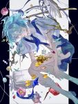 1other androgynous bug butterfly closed_eyes colored_eyelashes commentary_request cracked_skin crystal_hair eyeball falling_petals flower gem gem_uniform_(houseki_no_kuni) ghost_to_human green_hair highres houseki_no_kuni knees_up necktie other_focus petals phosphophyllite shards shirt short_hair short_sleeves shorts solo sparkle yellow_butterfly 