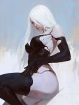  1girl a2_(nier:automata) absurdres android bare_shoulders black_gloves black_tank_top breasts elbow_gloves gloves hair_over_one_eye highres joints large_breasts long_hair mole mole_under_mouth nier:automata nier_(series) robot_joints sideboob tank_top thighhighs white_hair wodeipoi 