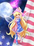  1girl :d american_flag american_flag_dress arm_above_head artist_name bangs blonde_hair blush breasts clownpiece commentary_request dated eyebrows_visible_through_hair fire flame full_body hat highres holding holding_torch jester_cap long_hair looking_at_viewer moon neck_ruff night night_sky no_shoes open_mouth polka_dot purple_headwear shitacemayo short_sleeves sky small_breasts smile solo standing star_(sky) star_(symbol) star_print torch touhou very_long_hair 