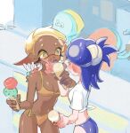 2girls :p alternate_costume alternate_hairstyle bikini blonde_hair blue_hair blue_shorts blush breasts cleavage closed_mouth cowboy_shot dark-skinned_female dark_skin dual_wielding earrings fangs food food_on_face frye_(splatoon) gradient_eyes green_eyes hair_bobbles hair_ornament hair_tie highres holding holding_ice_cream_cone ice_cream ice_cream_cone inkling jellyfish_(splatoon) jewelry long_hair long_pointy_ears looking_at_another mainichi_yamucha multicolored_eyes multiple_earrings multiple_girls navel octoling outside_border pointy_ears red_eyes shirt shiver_(splatoon) short_eyebrows shorts side-tie_bikini_bottom splatoon_(series) splatoon_3 star-shaped_pupils star_(symbol) stomach swimsuit symbol-shaped_pupils tentacle_hair tied_shirt tongue tongue_out tooth_earrings two-tone_eyes white_shirt wiping_face x_hair_ornament yellow_bikini yellow_eyes yuri 