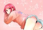  1girl arima_kana ass blush bob_cut closed_mouth highres oshi_no_ko pink_background red_eyes red_hair red_shirt shirt short_hair shorts smile solo star_(symbol) sweater thighs yurigera_8959 