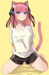  1girl :3 animal_ear_fluff animal_ears arms_at_sides black_ribbon black_shorts blue_eyes blunt_bangs butterfly_hair_ornament cat_ears cat_girl cat_tail character_name closed_mouth clothes_writing collarbone commentary eyes_visible_through_hair full_body go-toubun_no_hanayome hair_ornament hair_ribbon highres kemonomimi_mode kneeling looking_at_viewer medium_hair nakano_nino pink_hair ribbon shirt short_sleeves shorts simple_background sketch smile solo split_mouth straight_hair susukida_(sususabu0710) tail tail_raised tsurime two_side_up white_shirt yellow_background 