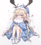  1girl absurdres aged_down animal_ears antlers antlers_through_headwear arknights beudelb black_ribbon blonde_hair blue_dress blue_eyes blue_hat blush deer_antlers deer_girl dress hair_between_eyes hair_ribbon hat heart highres horns long_hair nightcap pillow ribbon sitting solo viviana_(arknights) white_background 