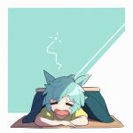  &gt;_&lt; 1girl animal_ears aqua_background aqua_hair chibi closed_eyes hair_between_eyes hakusai_o_m_t horse_ears horse_girl lying on_stomach open_mouth seiun_sky_(umamusume) shirt short_hair short_sleeves simple_background solo table umamusume yawning 