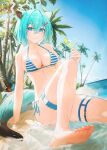  1girl alcohol animal_ears barefoot beach beer belt bikini blue_archive blue_bikini blue_hair blue_halo blue_nails blue_sky breasts day dot_nose drink extra_ears feet flippy_(cripine111) food fruit halo highres holding holding_drink lemon lemon_slice light_blue_hair light_smile looking_at_viewer medium_breasts palm_tree purple_eyes sand shigure_(blue_archive) short_hair side-tie_bikini_bottom sitting sky smile solo string_bikini striped_bikini striped_clothes sunlight swimsuit tail thigh_belt thigh_strap tree two-tone_bikini water weasel_ears weasel_girl weasel_tail white_bikini 