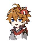  1boy blue_eyes chibi coat collared_jacket crab crab_on_head genshin_impact hair_between_eyes long_sleeves makita_(homosapiensu) male_focus open_mouth orange_hair pun simple_background sketch tartaglia_(genshin_impact) white_background 