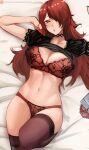  1girl :o absurdres bra breasts choker clothes_lift condom condom_wrapper hair_over_one_eye highres kirijou_mitsuru large_breasts lying nero_watch on_back panties persona persona_3 red_bra red_eyes red_hair red_panties shirt_lift solo thighhighs underwear underwear_only 