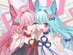 2girls :d animal_ears black_dress blue_bow blue_hair blue_ribbon blunt_bangs bow cheek_press claw_pose dress fangs floating_hair fox_ears fox_girl hair_bow hair_intakes hand_up highres kemonomimi_mode kotonoha_akane kotonoha_aoi long_bangs long_hair looking_at_viewer multiple_girls neck_ribbon one_eye_closed open_hand open_mouth pink_bow pink_eyes pink_hair red_ribbon ribbon sailor_dress siblings side-by-side sidelocks sisters smile teeth upper_body upper_teeth_only voiceroid white_dress yoshino_ns 