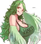  1girl :q aosora2823 artist_name breasts cleavage clothes_writing commentary green_hair green_tank_top green_wings harp highres instrument large_breasts long_hair looking_at_viewer monet_(one_piece) one_piece simple_background solo tank_top tongue tongue_out upper_body white_background wings yellow_eyes 
