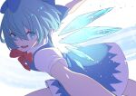  1girl :d absurdres backlighting blue_dress blue_eyes blue_hair bow bowtie breasts cirno dress eyebrows_visible_through_hair feet_out_of_frame foreshortening from_side hair_between_eyes highres ice ice_wings kawayabug light_particles looking_to_the_side open_mouth outstretched_arms pinafore_dress puffy_short_sleeves puffy_sleeves red_bow red_neckwear shirt short_hair short_sleeves small_breasts smile solo sparkle touhou upper_body white_background white_shirt wings 