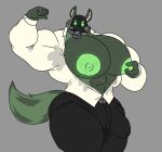  anthro big_bulge big_muscles bodily_fluids bulge clothed clothing detailed_bulge genital_outline green_body hi_res male mask muscular nipple_fetish nipple_play nipple_pull partially_clothed parttimeyeen_(artist) penis_outline solo sweat sweatdrop sweaty_armpit tox_(parttimeyeen) 