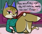  animal_crossing anthro bedroom_eyes bottomless clothed clothing crossed_legs domestic_cat english_text felid feline felis female first_person_view half-closed_eyes inviting kitty_(animal_crossing) klutzatdusk legs_up looking_at_viewer mammal narrowed_eyes nintendo nipple_outline seductive solo sweater text thick_thighs topwear 