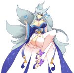  1girl animal_ear_fluff animal_ears azur_lane bangs bare_shoulders bell breasts bug butterfly commentary crossed_legs fox_ears fox_girl fox_tail full_body grey_hair hand_on_own_chest huge_breasts insect japanese_clothes jingle_bell long_hair looking_at_viewer multiple_tails off-shoulder_kimono parted_lips pleated_skirt rtil shinano_(azur_lane) simple_background skirt skirt_under_kimono solo tail thighhighs very_long_hair white_background white_legwear white_skirt wide_sleeves 