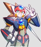  1boy absurdres armor artist_name axl_(mega_man) black_armor brown_hair chest_jewel cowboy_shot cross_scar forehead_jewel green_eyes hand_on_own_hip helmet highres long_hair male_focus mega_man_(series) mega_man_x_(series) ohil_(ohil822) red_helmet scar scar_on_face shoulder_armor simple_background sketch smile solo spiked_hair v 