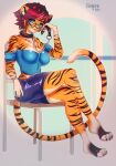  anthro big_breasts breasts chain chain_leash clothed clothing collar digital_media_(artwork) eyewear felid female fur glasses hair hi_res leash leonifa looking_at_viewer mammal pantherine simple_background smile solo stripes tiger 