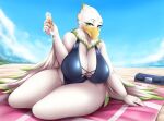  accipitrid accipitriform alcohol animal_crossing anthro avian beach beak bedding beverage big_breasts bird blanket blush breasts celia_(animal_crossing) clothing colored_nails eagle feathers female fur green_hair hair mleonheart mountain nails nintendo non-mammal_breasts palm_tree pink_nails plant radio seaside sky solo swimwear thick_thighs tree video_games white_body white_fur wings 