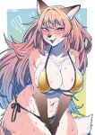  2024 anthro ayabemiso big_breasts bikini blush bodily_fluids breasts canid canine cleavage clothed clothing digital_media_(artwork) embarrassed exclamation_point fangs female female_anthro flying_sweatdrops fox fur gold_bikini hair half-closed_eyes hands_between_legs hi_res kemono long_hair looking_back mammal multicolored_body multicolored_fur narrowed_eyes open_mouth solo sweat sweatdrop swimwear teeth tongue 