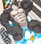  5_fingers abs absurd_res anthro areola bathtub biceps biped canid canine canis claws countershade_face countershade_torso countershading darknaigart fingers hi_res male mammal muscular muscular_anthro muscular_male nipples partially_submerged pecs rubber_duck solo water wolf 