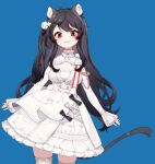  1girl ahoge animal_ear_fluff animal_ear_piercing animal_ears arin_(fanfan013) bare_shoulders black_bow black_hair blue_background bow bow_choker bowtie braid cat_ears cat_tail chinese_commentary choker closed_mouth commentary_request cowboy_shot detached_sleeves dress dress_bow eyelashes flower frilled_choker frilled_dress frilled_sleeves frills hair_flower hair_ornament long_hair looking_at_viewer loose_hair_strand original red_eyes rose short_dress sidelocks simple_background single_braid sleeveless sleeveless_dress sleeves_past_wrists smile solo tail thighhighs very_long_hair white_bow white_bowtie white_choker white_dress white_flower white_rose white_sleeves white_thighhighs zettai_ryouiki 