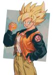  1boy absurdres black_jacket blonde_hair cowboy_shot dragon_ball dragon_ball_(object) dragon_ball_z green_eyes hand_in_pocket highres jacket looking_at_viewer male_focus multicolored_clothes multicolored_jacket muscular muscular_male number_print number_pun open_mouth orange_jacket relio_db318 shirt smile solo son_goku super_saiyan super_saiyan_1 twitter_username white_shirt 