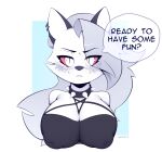  anthro big_breasts blush breasts canid canine canis clothing collar demon dialogue english_text female helluva_boss hi_res looking_at_viewer loona_(vivzmind) mammal nepentz nipple_outline smile solo spiked_collar spikes text topwear wolf 