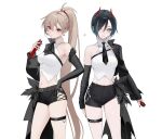  2girls alternate_costume ascot azur_lane belt black_ascot black_coat black_gloves black_nails black_necktie blonde_hair breasts coat collar earrings feathers frills gloves hair_between_eyes hand_on_own_hip high_ponytail highres horns jean_bart_(azur_lane) jewelry long_hair looking_at_viewer mechanical_horns medium_breasts microphone multicolored_hair multiple_girls navel necktie ohisashiburi red_eyes shirt short_hair short_shorts shorts signature single_earring spiked_collar spikes two-tone_hair ulrich_von_hutten_(azur_lane) white_background white_shirt yellow_eyes 