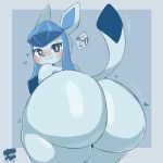 1:1 2023 anthro big_butt biped blush butt digital_media_(artwork) eeveelution generation_4_pokemon glaceon hi_res huge_butt jimmiezangoo looking_back male nintendo nude pokemon pokemon_(species) rear_view simple_background smile solo thick_thighs wide_hips