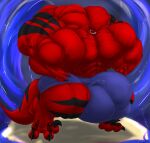  2015 3_toes abstract_background anthro balls big_balls big_bulge big_muscles big_penis boxers_(clothing) bulge clothed clothing digitigrade dinosaur dromaeosaurid feet fierglief genitals grin hi_res huge_balls huge_bulge huge_muscles huge_penis hyper hyper_balls hyper_bulge hyper_genitalia hyper_muscles hyper_penis looking_at_viewer male muscular penis red_body reptile scalie sharp_teeth smile solo synsath teeth theropod toes underwear underwear_only yellow_eyes 