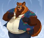  2024 anthro belly big_belly black_nose bottomwear brown_body canid canine clothing green_eyes hi_res humanoid_hands kemono male mammal overweight overweight_male pants raccoon_dog runxforest shirt solo tanuki topwear 