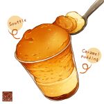 artist_logo caramel cup food food_focus highres no_humans original pudding simple_background souffle_(food) spoon white_background yuki00yo 