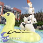 anthro bikini breasts building butt clothing duo female floatie hi_res inflatable lagomorph looking_at_viewer looking_back machine male male/female mammal open_mouth plushie pool protogen raeltheprotogen scorbunny_(valorlynz) smile swimwear