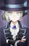  1girl absurdres ascot black_vest blue_bow boater_hat bow closed_mouth coat cof_fe_e collared_shirt crossed_arms grey_eyes grey_hair hair_bun hands_up hat hat_bow highres long_sleeves looking_at_viewer purple_background purple_brooch purple_coat purple_hat reverse:1999 shirt short_hair sidelocks single_side_bun solo straight-on twitter_username upper_body vertin_(reverse:1999) vest waistcoat white_ascot white_shirt 