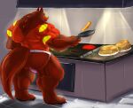  2016 anthro big_bulge big_muscles bulge canid canine clothed clothing cooking cookware digitigrade eyewear fierglief fierglief_(character) food fox frying_pan fur glasses holding_object huge_bulge huge_muscles inside kitchen kitchen_utensils male mammal muscular pancake rear_view red_body red_fur solo standing stove tools underwear underwear_only were werecanid werecanine werefox 