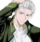  1boy 77ho blue_eyes green_jacket jacket long_sleeves looking_at_viewer open_clothes open_jacket popped_collar shirt short_hair smile solo umemiya_hajime white_background white_hair white_shirt wind_breaker_(nii_satoru) 