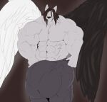  2015 anthro balls big_balls big_bulge big_muscles big_penis black_hair bottomwear bulge canid canine canis clothed clothing fierglief genitals grin hair hand_on_hip hi_res huge_balls huge_bulge huge_muscles huge_penis hyper hyper_balls hyper_bulge hyper_genitalia hyper_muscles hyper_penis looking_at_viewer male mammal muscular pants penis smile solo standing topless veiny_muscles wings wolf yellow_eyes 