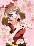  1girl :d blue_eyes bow brown_hair collarbone eyelashes flower hair_bow highres interlocked_fingers looking_at_viewer may_(pokemon) open_mouth own_hands_together petals pink_background pokemon pokemon_oras red_bow red_shirt shirt sleeveless sleeveless_shirt smile solo tyobi_2002 upper_body 