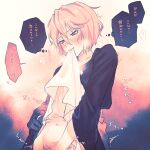  1boy auch_(unicorn_overlord) black_robe blonde_hair blush bottomless clothes_in_mouth clothes_lift eyelashes gloves hair_between_eyes heart highres implied_masturbation long_sleeves looking_down male_focus male_masturbation male_pubic_hair masturbation motion_lines mouth_hold navel otoko_no_ko pubic_hair robe shirt_in_mouth shirt_lift short_hair simple_background solo speech_bubble standing steaming_body stomach sweat thought_bubble translation_request unicorn_overlord upper_body yatyou6666 